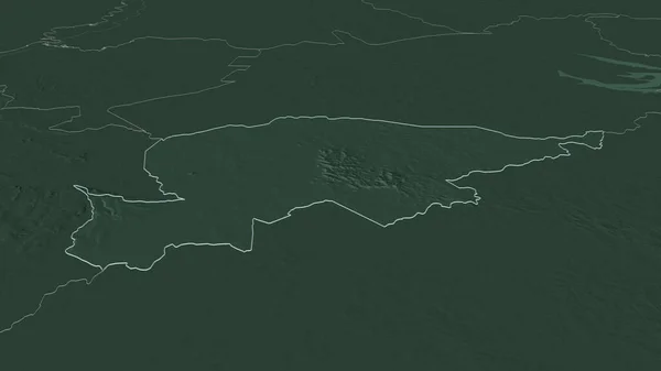 Zoom in on Guaira (department of Paraguay) outlined. Oblique perspective. Colored and bumped map of the administrative division with surface waters. 3D rendering