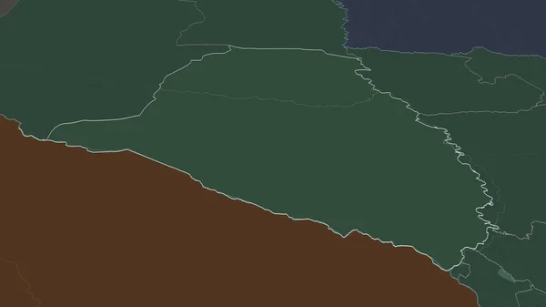 Zoom in on Presidente Hayes (department of Paraguay) outlined. Oblique perspective. Colored and bumped map of the administrative division with surface waters. 3D rendering
