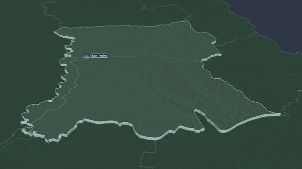 Zoom in on San Pedro (department of Paraguay) extruded. Oblique perspective. Colored and bumped map of the administrative division with surface waters. 3D rendering