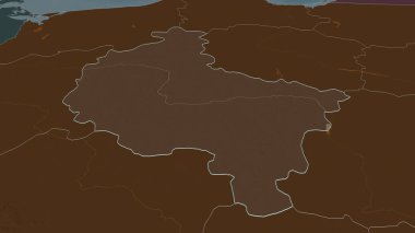 Büyük Polonya 'ya (Polonya Voyvoda' sı) yakınlaştırın. Belirsiz bir bakış açısı. Yüzey sularıyla birlikte idari bölümün renkli ve çarpık haritası. 3B görüntüleme