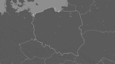 Polonya bölgesinin ana hatları. Yüzey sularıyla çift seviyeli yükseklik haritası. 3B görüntüleme