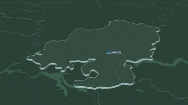 Udmurt 'a (Rusya Cumhuriyeti) yakınlaştır. Belirsiz bir bakış açısı. Yüzey sularıyla birlikte idari bölümün renkli ve çarpık haritası. 3B görüntüleme