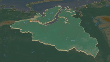 Yamal-Nenets 'e (Rusya' nın özerk ili) yakınlaştırın. Belirsiz bir bakış açısı. Yüzey suları olan topografik yardım haritası. 3B görüntüleme