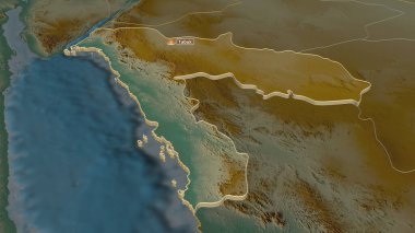 Tabuk 'a (Suudi Arabistan bölgesi) yakınlaştırın. Belirsiz bir bakış açısı. Yüzey suları olan topografik yardım haritası. 3B görüntüleme