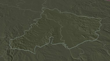 Sırbistan 'ın Pomoravski ilçesine yakınlaş. Belirsiz bir bakış açısı. Yüzey sularıyla birlikte idari bölümün renkli ve çarpık haritası. 3B görüntüleme