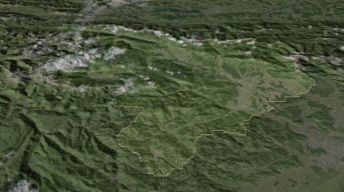 Sloven istatistiksel bölgesi Gorenjska 'ya yakınlaş. Belirsiz bir bakış açısı. Uydu görüntüleri. 3B görüntüleme