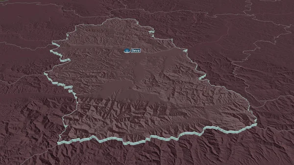 Zoom Hunedoara Contea Romania Estruso Prospettiva Obliqua Mappa Colorata Urtata — Foto Stock