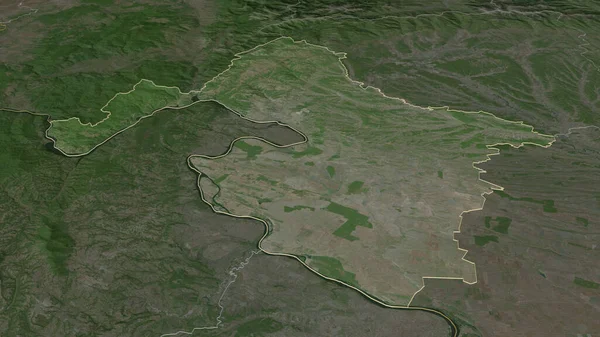 Zoom Mehedinti County Romania Outlined Oblique Perspective Satellite Imagery Rendering — Stock Photo, Image