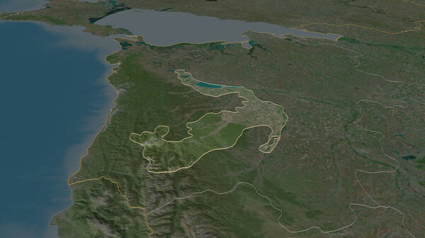Zoom in on Adygey (republic of Russia) outlined. Oblique perspective. Satellite imagery. 3D rendering