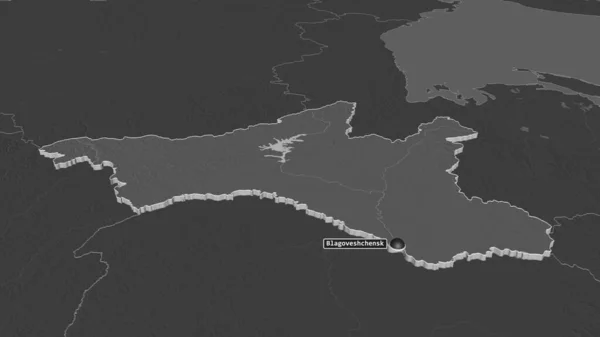 Zoom Amur Region Russia Extruded Oblique Perspective Bilevel Elevation Map — Stock Photo, Image