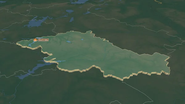 放大科斯特罗马 俄罗斯地区 斜的角度 带有地表水的地形图 3D渲染 — 图库照片