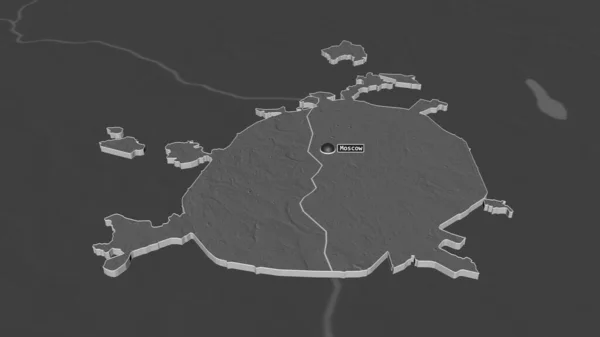 Zoom in on Moscow City (city of Russia) extruded. Oblique perspective. Bilevel elevation map with surface waters. 3D rendering