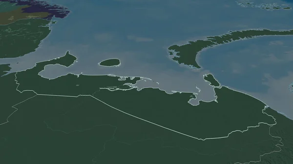 放大涅涅茨 俄罗斯自治省 斜的角度 用地表水绘制了行政区划的彩色和凹凸的地图 3D渲染 — 图库照片