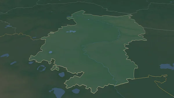 概述了在奥姆斯克 俄罗斯地区 的情况 斜的角度 带有地表水的地形图 3D渲染 — 图库照片