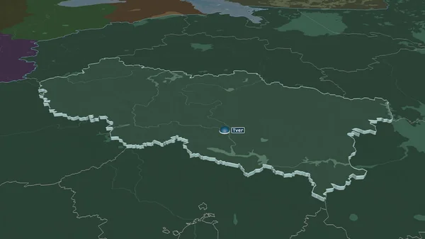 Zoom Sur Tver Région Russie Extrudé Perspective Oblique Carte Colorée — Photo