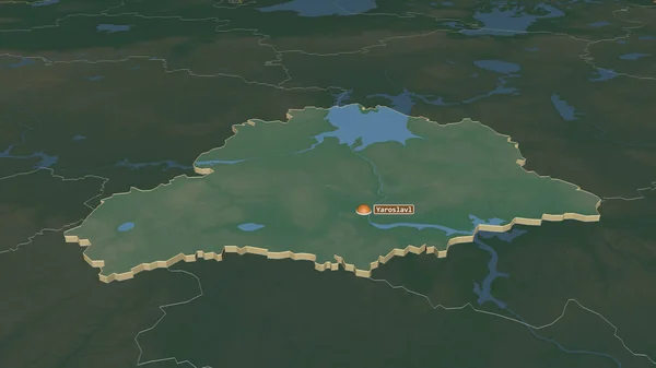 放大Yaroslavl 俄罗斯地区 斜的角度 带有地表水的地形图 3D渲染 — 图库照片