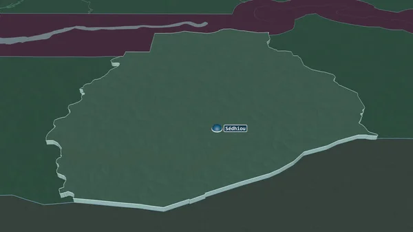 Zoom Sedhiou Região Senegal Extrudado Perspectiva Oblíqua Mapa Colorido Desmoronado — Fotografia de Stock