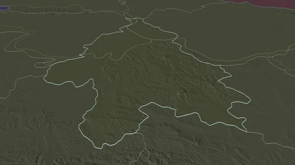 Zoom in on Grad Beograd (city of Serbia) outlined. Oblique perspective. Colored and bumped map of the administrative division with surface waters. 3D rendering