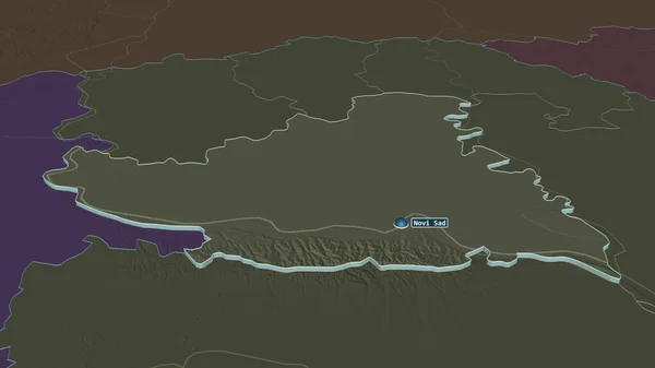 Zoom Juzno Backi Distretto Della Serbia Estruso Prospettiva Obliqua Mappa — Foto Stock