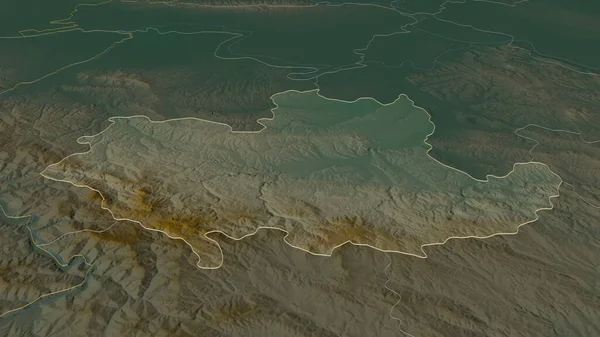 概述了Kolubarski 塞尔维亚区 的情况 斜的角度 带有地表水的地形图 3D渲染 — 图库照片