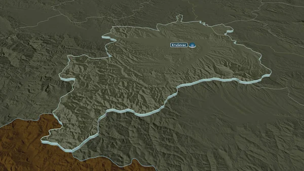 拉辛斯基 塞尔维亚区 被挤压 斜的角度 用地表水绘制了行政区划的彩色和凹凸的地图 3D渲染 — 图库照片