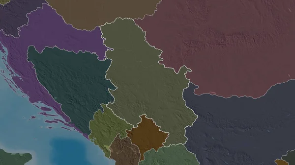 Outlined shape of the Serbia area. Colored and bumped map of the administrative division with surface waters. 3D rendering