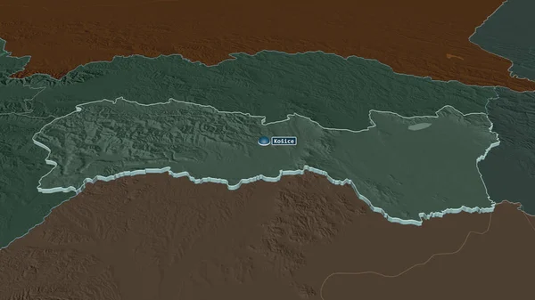 Zoom Kosicky Regione Della Slovacchia Estruso Prospettiva Obliqua Mappa Colorata — Foto Stock