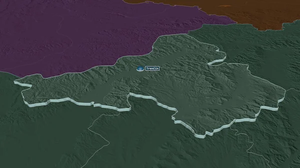 Zoom Trenciansky Regione Della Slovacchia Estruso Prospettiva Obliqua Mappa Colorata — Foto Stock