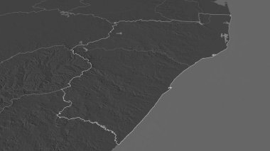 KwaZulu-Natal 'a (Güney Afrika ili) yakınlaştırın. Belirsiz bir bakış açısı. Yüzey sularıyla çift seviyeli yükseklik haritası. 3B görüntüleme
