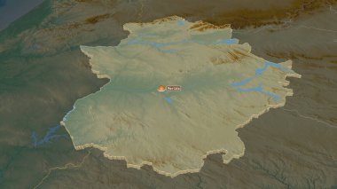 Extremadura 'ya (İspanya özerk topluluğu) yakınlaştırın. Belirsiz bir bakış açısı. Yüzey suları olan topografik yardım haritası. 3B görüntüleme