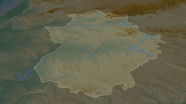 Extremadura 'ya (İspanya özerk topluluğu) yakınlaştırın. Belirsiz bir bakış açısı. Yüzey suları olan topografik yardım haritası. 3B görüntüleme