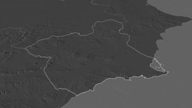 İspanya Özerk Topluluğu (Region de Murcia) 'ya yakınlaşın. Belirsiz bir bakış açısı. Yüzey sularıyla çift seviyeli yükseklik haritası. 3B görüntüleme
