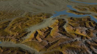Obwalden 'a (İsviçre kantonu) yakınlaş. Belirsiz bir bakış açısı. Yüzey suları olan topografik yardım haritası. 3B görüntüleme