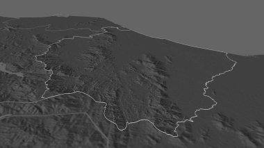 Narathiwat 'a (Tayland ili) yakınlaştır. Belirsiz bir bakış açısı. Yüzey sularıyla çift seviyeli yükseklik haritası. 3B görüntüleme