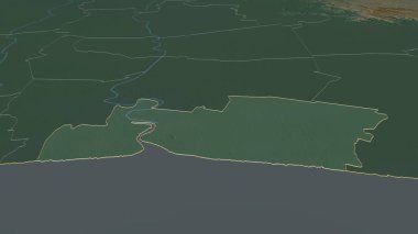 Samut Prakan 'a (Tayland ili) yakınlaştırın. Belirsiz bir bakış açısı. Yüzey suları olan topografik yardım haritası. 3B görüntüleme