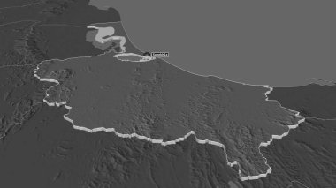 Songkhla 'ya (Tayland ili) yakınlaştır. Belirsiz bir bakış açısı. Yüzey sularıyla çift seviyeli yükseklik haritası. 3B görüntüleme
