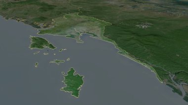 Trat 'a (Tayland ili) yakınlaştır. Belirsiz bir bakış açısı. Uydu görüntüleri. 3B görüntüleme