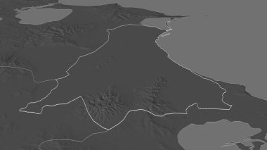 Ariana 'ya (Tunus Valisi) yakınlaş. Belirsiz bir bakış açısı. Yüzey sularıyla çift seviyeli yükseklik haritası. 3B görüntüleme