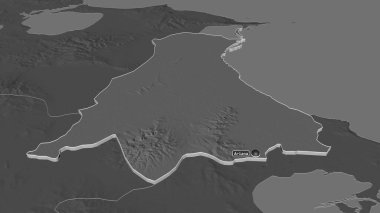 Ariana 'ya (Tunus Valisi) yakınlaştır. Belirsiz bir bakış açısı. Yüzey sularıyla çift seviyeli yükseklik haritası. 3B görüntüleme