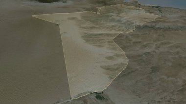 Tataouine 'e (Tunus Valisi) yakınlaştır. Belirsiz bir bakış açısı. Uydu görüntüleri. 3B görüntüleme