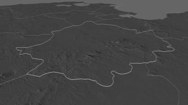 Zaghouan 'a (Tunus Valisi) yakınlaş. Belirsiz bir bakış açısı. Yüzey sularıyla çift seviyeli yükseklik haritası. 3B görüntüleme