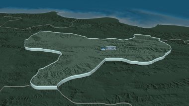 Amasya 'ya (Türkiye) yakınlaştırma yapıldı. Belirsiz bir bakış açısı. Yüzey sularıyla birlikte idari bölümün renkli ve çarpık haritası. 3B görüntüleme