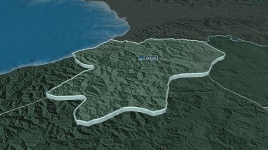 Artvin 'e (Türkiye ili) yakınlaştırma yapıldı. Belirsiz bir bakış açısı. Yüzey sularıyla birlikte idari bölümün renkli ve çarpık haritası. 3B görüntüleme