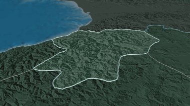 Artvin 'e (Türkiye ili) yakınlaştırın. Belirsiz bir bakış açısı. Yüzey sularıyla birlikte idari bölümün renkli ve çarpık haritası. 3B görüntüleme