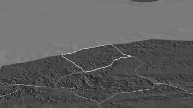 Bartn 'a (Türkiye ili) yakınlaş. Belirsiz bir bakış açısı. Yüzey sularıyla çift seviyeli yükseklik haritası. 3B görüntüleme