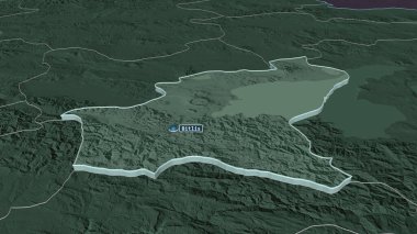 Bitlis 'e (Türkiye ili) yakınlaştırma yapıldı. Belirsiz bir bakış açısı. Yüzey sularıyla birlikte idari bölümün renkli ve çarpık haritası. 3B görüntüleme