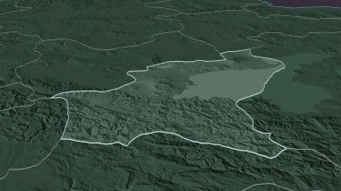 Bitlis 'e (Türkiye ili) yakınlaştırın. Belirsiz bir bakış açısı. Yüzey sularıyla birlikte idari bölümün renkli ve çarpık haritası. 3B görüntüleme