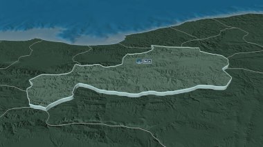 Bolu 'ya (Türkiye) yakınlaştırma yapıldı. Belirsiz bir bakış açısı. Yüzey sularıyla birlikte idari bölümün renkli ve çarpık haritası. 3B görüntüleme