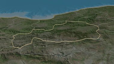 Bolu 'ya (Türkiye ili) yakınlaş. Belirsiz bir bakış açısı. Uydu görüntüleri. 3B görüntüleme