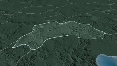 Burdur 'a (Türkiye ili) yakınlaştırın. Belirsiz bir bakış açısı. Yüzey sularıyla birlikte idari bölümün renkli ve çarpık haritası. 3B görüntüleme